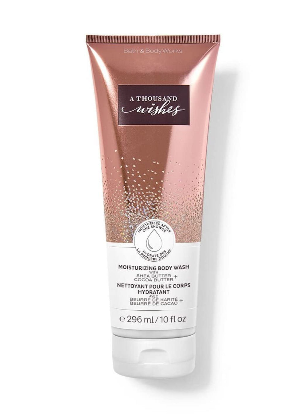 Bath and Body Works A Thousand Wishes body wash bottle pour highlighting sparkling fragrance for daily cleansing