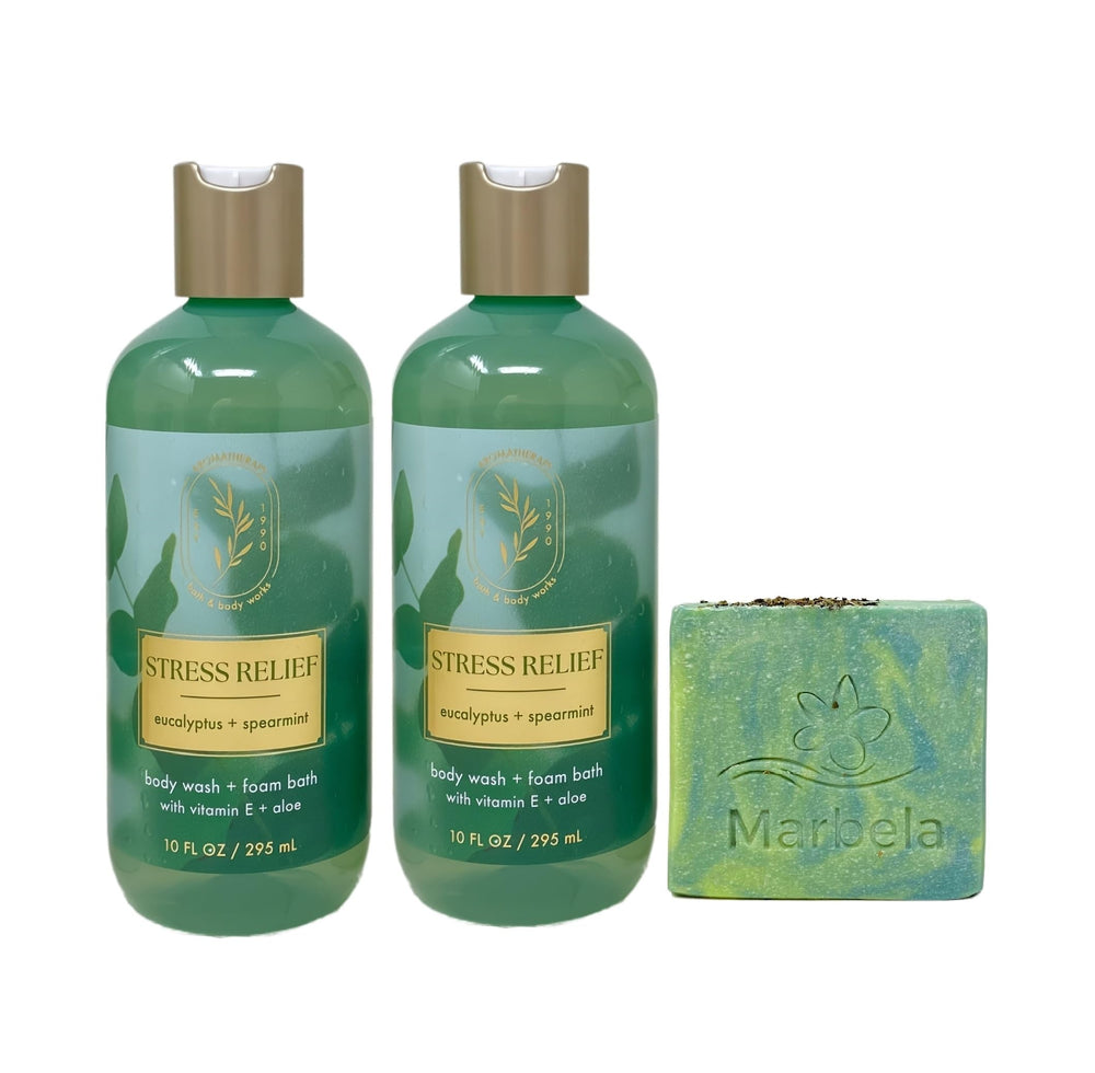 Bath & Body Works Aromatherapy Stress Relief eucalyptus spearmint bottle pour for a refreshing cleanse.