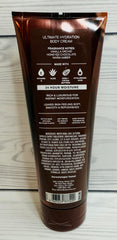 Bath & Body Works Chocolate Amber Ultimate Hydration Body Cream tube label signals hyaluronic acid benefits