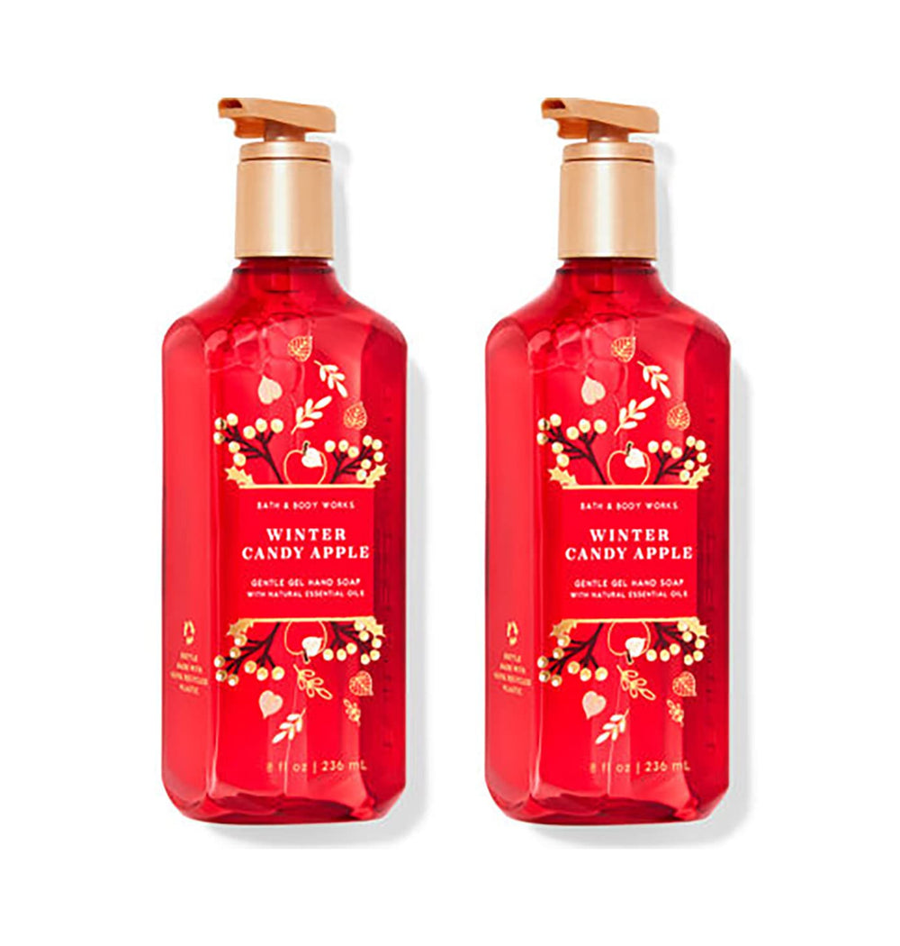 Bath & Body Works hand soap with winter candy apple bottle and pump, delivering a soft gel lather.