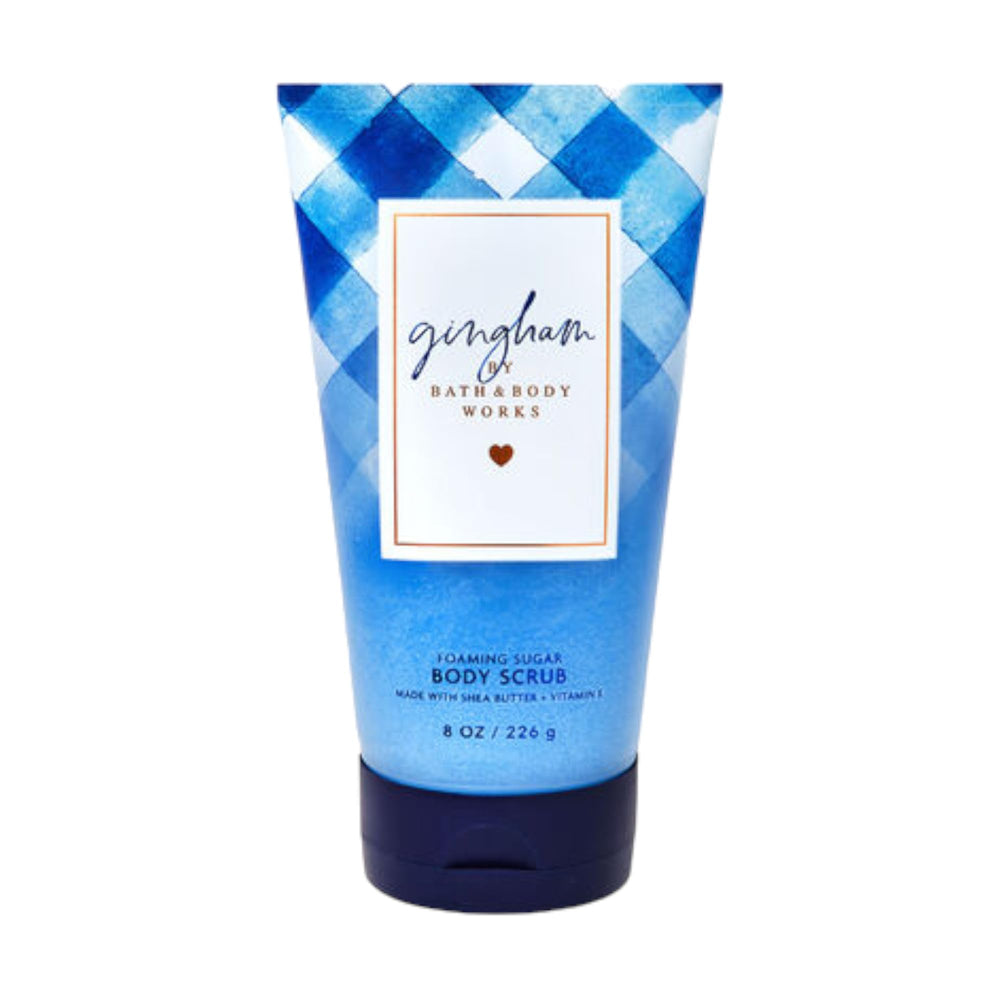 Bath & Body Works Gingham Creamy Body Scrub bottle and texture for radiant, smooth skin