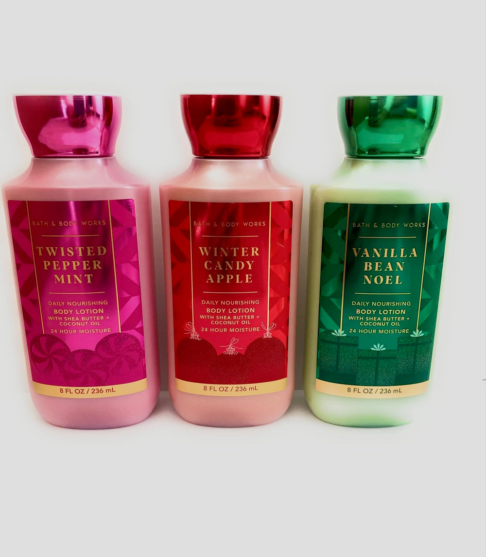 Bath & Body Works Holiday Traditions lotion trio bottles deliver lasting moisture.