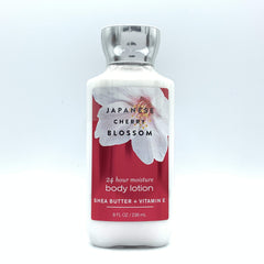 Japanese Cherry Blossom lotion bottle top view highlighting nourishing formula and smooth skin feel.