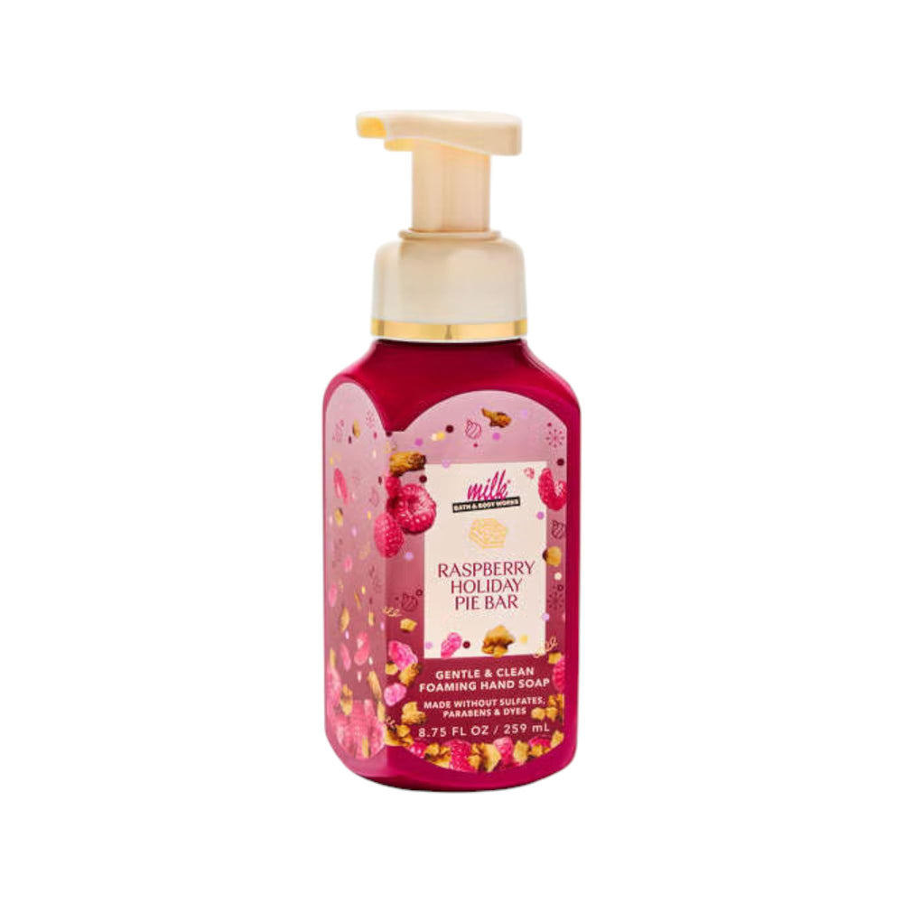 Bath & Body Works Raspberry Holiday Pie Bar hand soap bottle nourishes skin with aloe and vitamin E, soft hands.