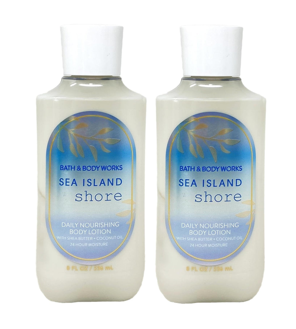 Bath & Body Works Sea Island Shore lotion bottle shows coastal scent and hydration.