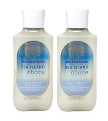 Bath & Body Works Sea Island Shore lotion bottle shows coastal scent and hydration.