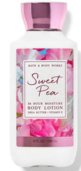 Bath & Body Works Sweet Pea bottle pour; quick absorption for lasting moisture.