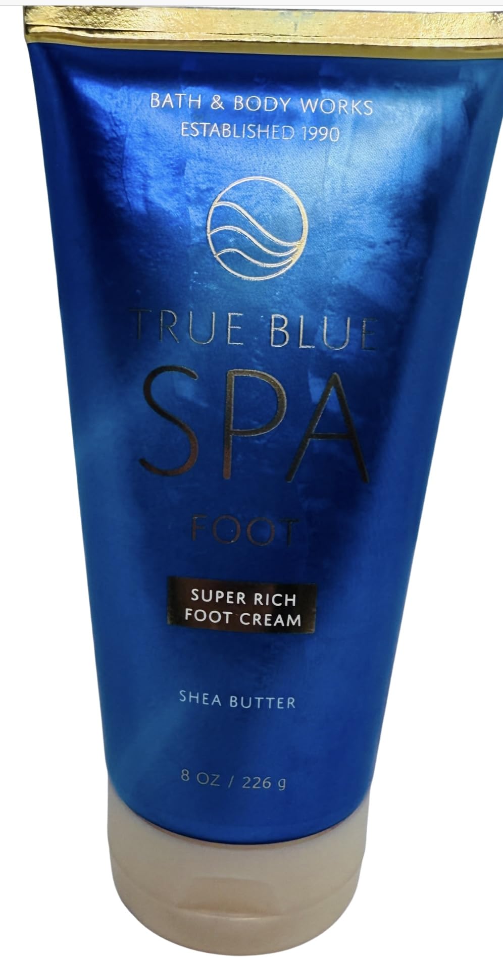 Bath & Body Works True Blue Spa Foot Cream 8 oz bottle demonstrates rich moisture.