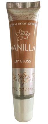 Bath & Body Works Vanilla Lip Gloss bottle shows creamy vanilla shine and nourished lips.