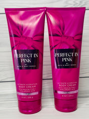 Bath & Body Works Perfect in Pink packaging with duo 8 oz tubs on vanity.