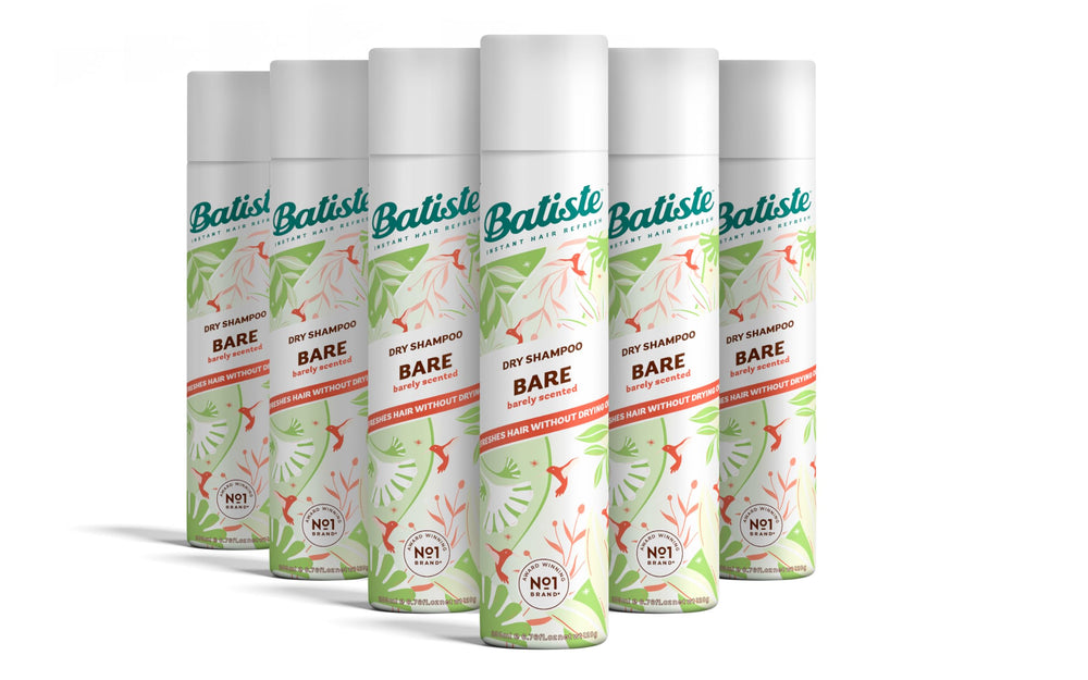 Batiste Bare dry shampoo bottle showing oil-absorbing formula.