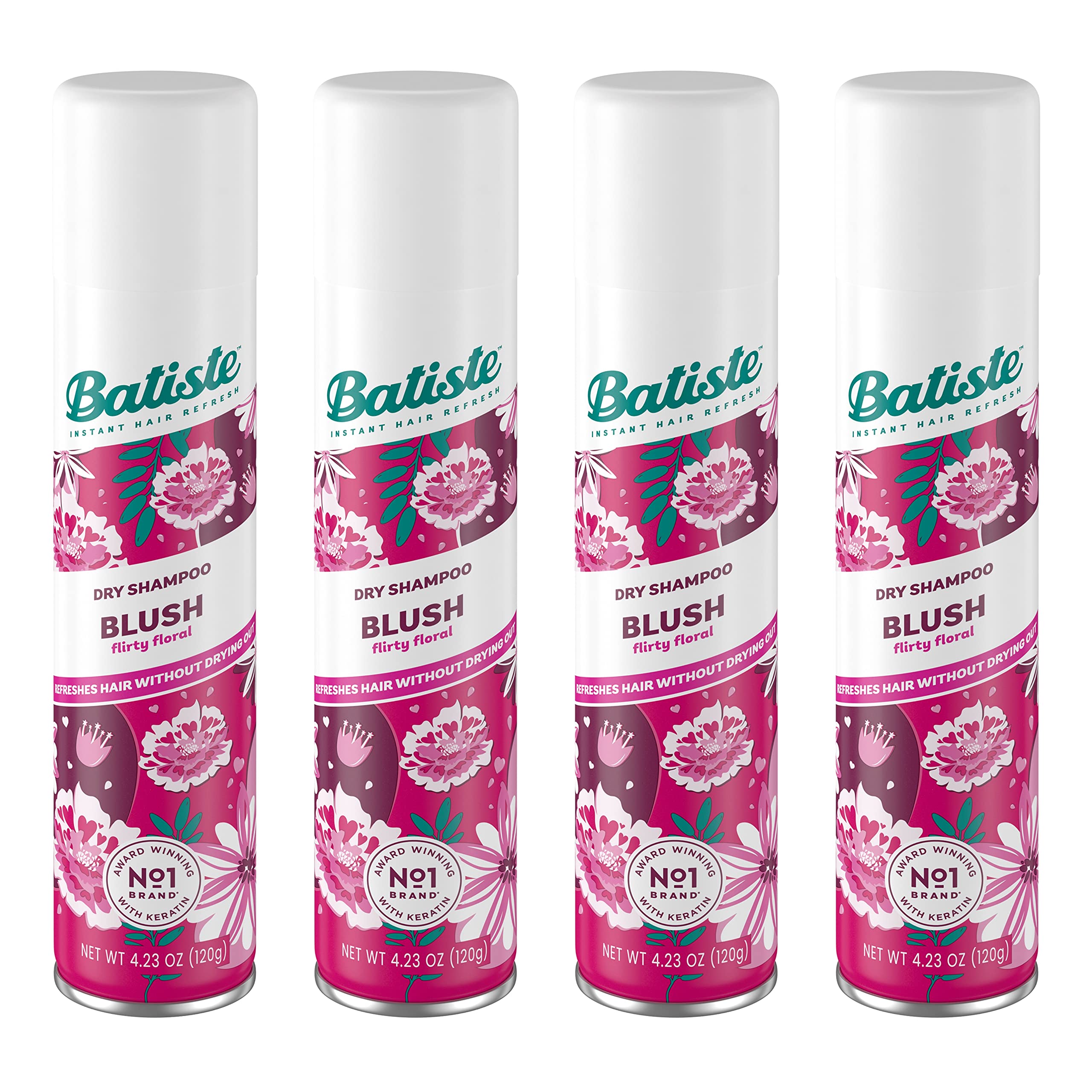 Batiste Dry Shampoo Blush bottle refreshes roots and boosts volume between washes.