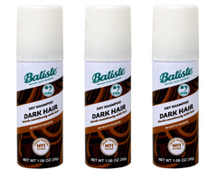 Batiste Dark Dry Shampoo bottle close-up for darker hair with compact 3-pack