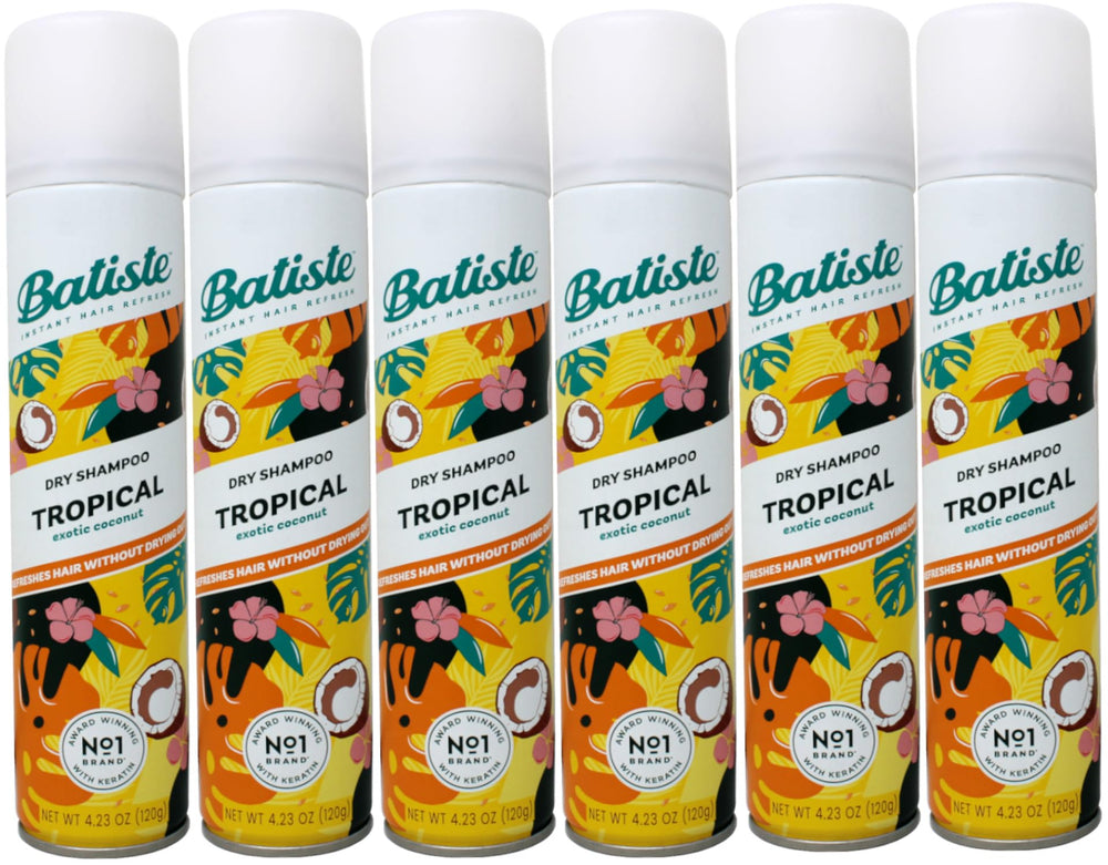 Batiste Dry Shampoo Tropical bottle pour for quick refresh between washes.