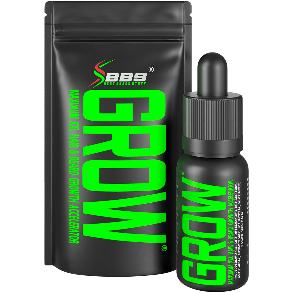 BBS Best Beard Stuff Grow bottle pour shows premium beard serum for nourishment