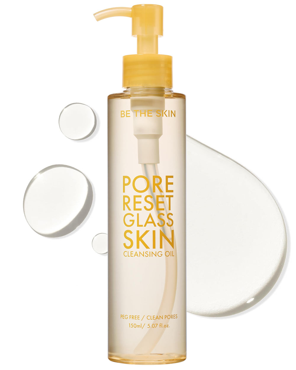 BE THE SKIN Pore Reset cleansing oil bottle demonstrates gentle makeup removal and radiant skin.