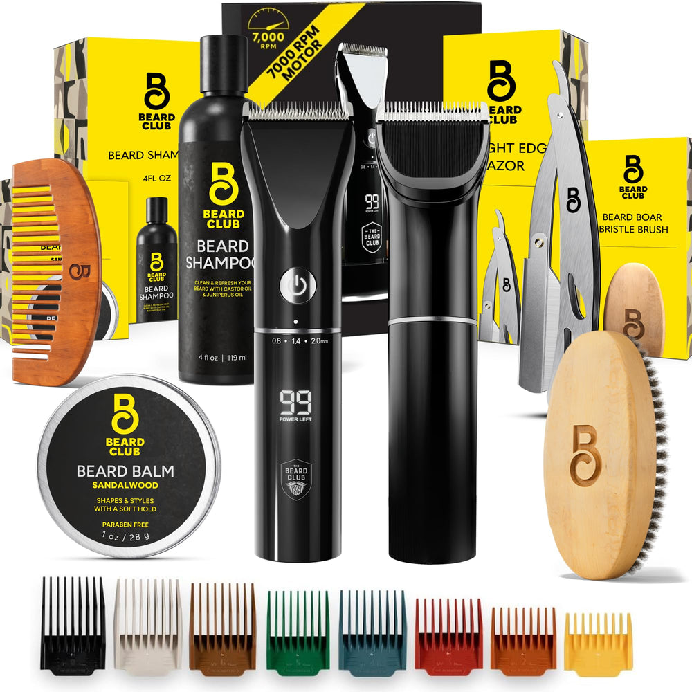 The Beard Club trimmer with eight guides enables precise beard lengths.