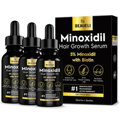 Beaueli minoxidil 5% bottle close-up for hair growth support.