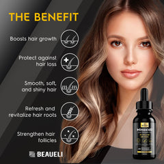 Beaueli minoxidil serum on scalp, addressing thinning areas.