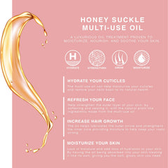 BEAUTE DE PROVENCE honeysuckle oil bottle shows apricot and coconut ingredients for nourishment.