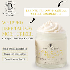 Beautiful Being Skin Glow grass-fed-tallow-closeup: rich moisture for mature skin.