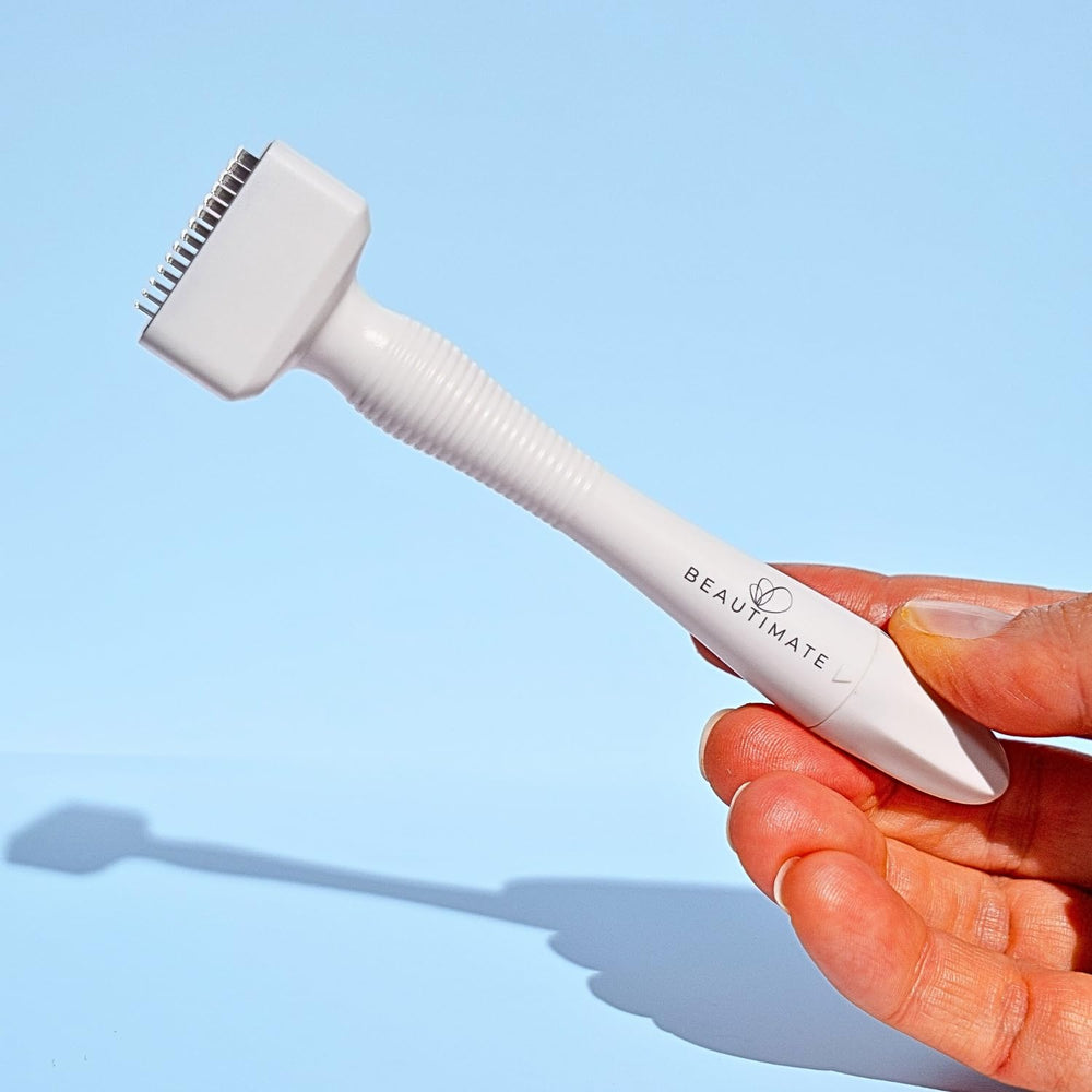 Beautimate Derma Stamp on the face for an at-home skincare routine and gentle exfoliation.