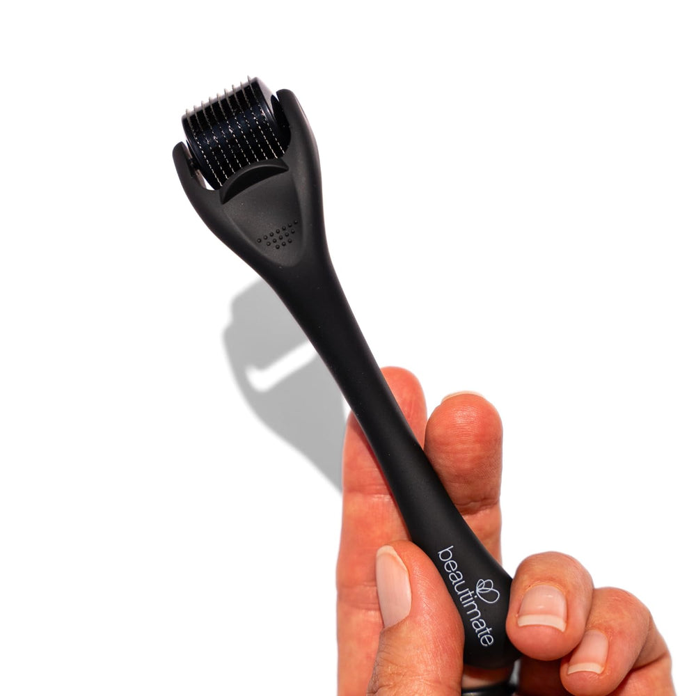 Beautimate microneedle derma roller on the face for gentle skin care.