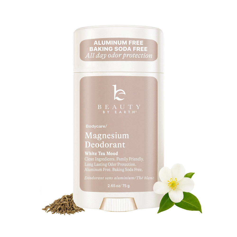 Beauty by Earth aluminum-free deodorant bottle front with long-lasting freshness in mind.