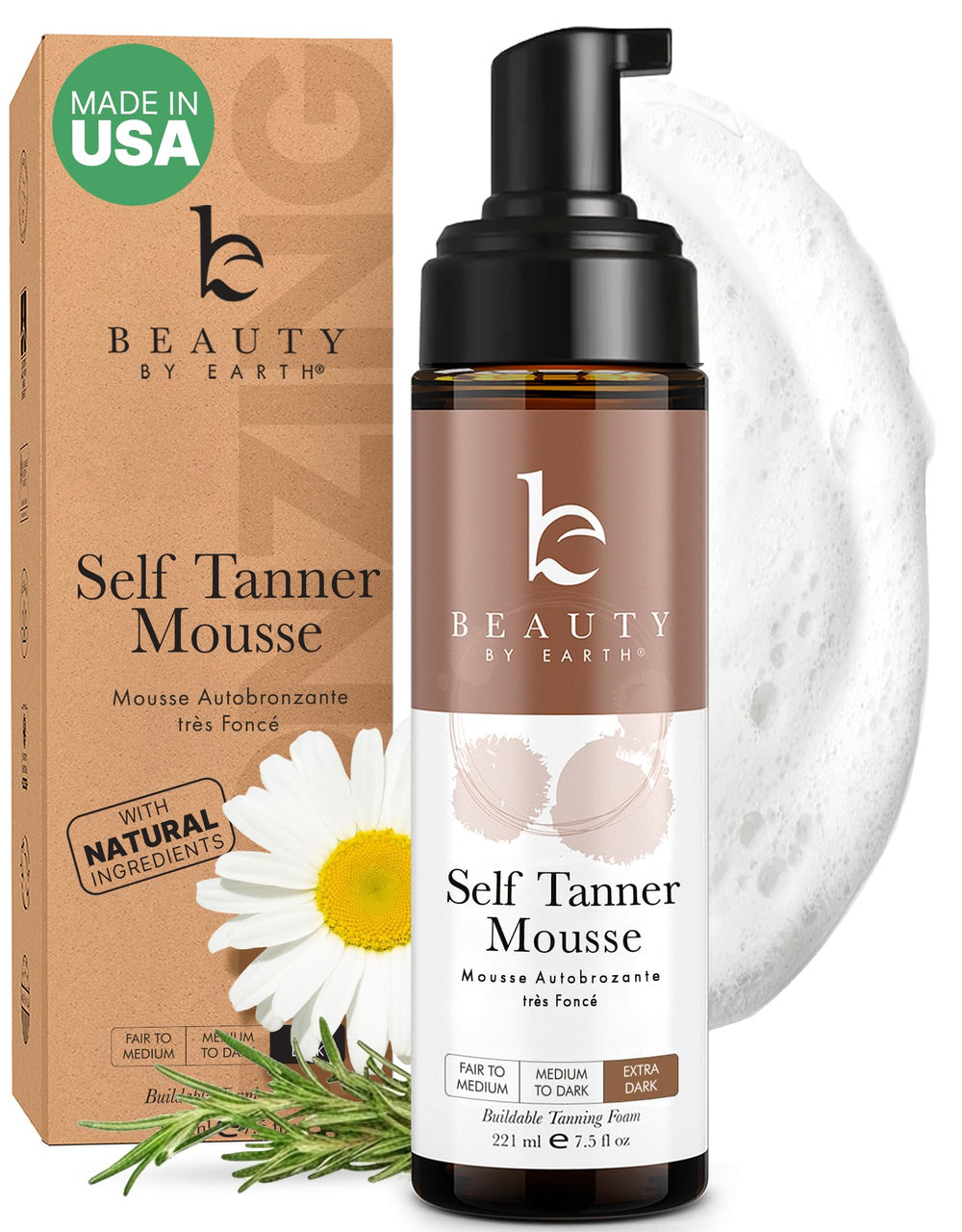 Beauty by Earth Self Tanner Mousse bottle front showing bronze potential