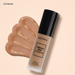 Beauty Creations Complete Wear Foundation 550 Praline applied finish blends with skin tone