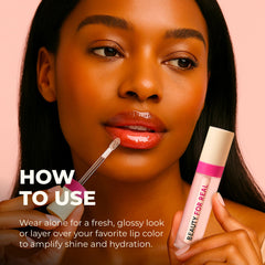 Beauty For Real lip oil swatch reveals high shine with non-sticky feel