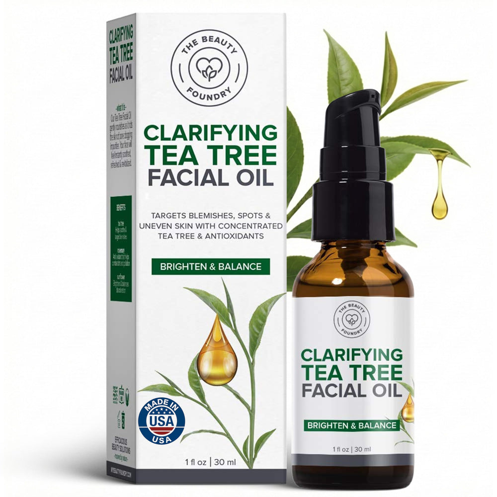 Beauty Foundry Clarifying Tea Tree Facial Oil bottle close-up highlights clear oil and balanced texture.