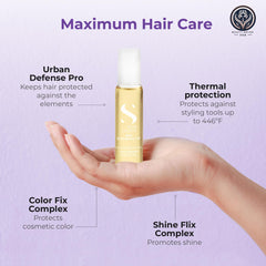Closeup of Alfaparf SOS Reconstruction oil bottle highlighting concentrated repair.