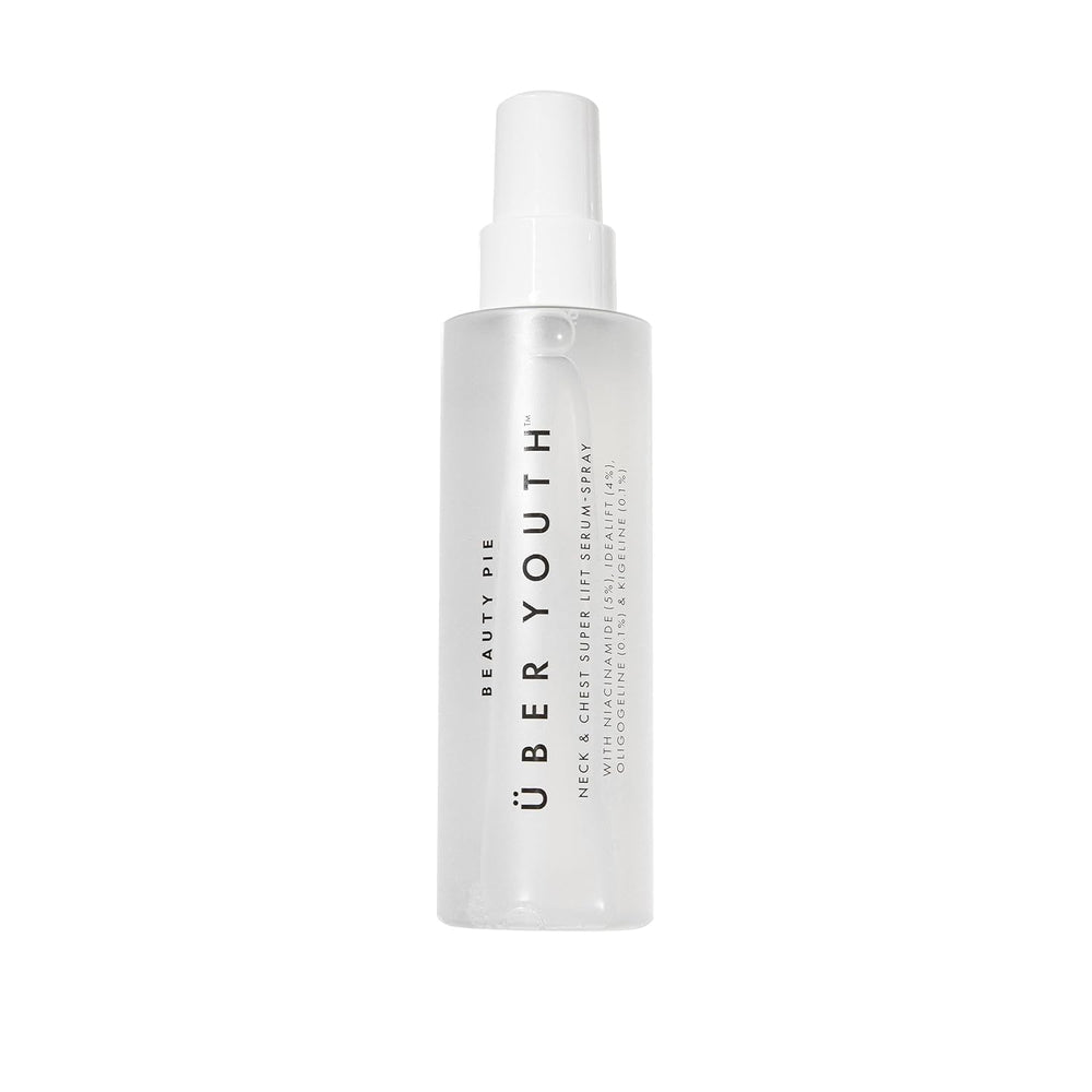 Beauty Pie Ueber Youth neck-chest serum spray bottle for anti-aging hydration and skin lift.