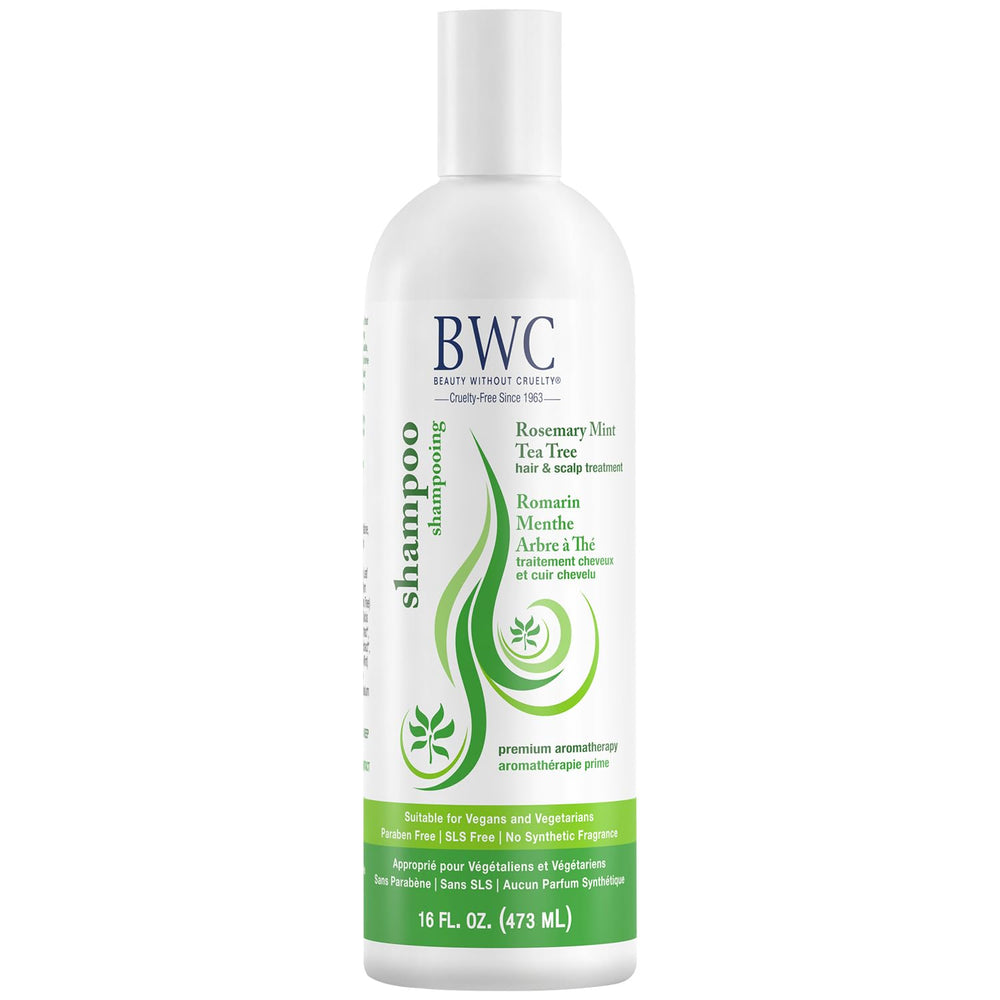 Beauty Without Cruelty rosemary mint tea tree shampoo bottle pours for daily cleansing