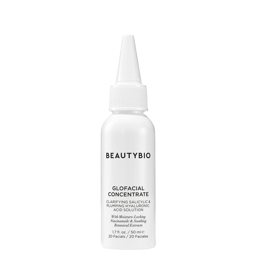 BeautyBio GLOfacial hydro-infusion concentrate bottle highlights pore refining and hydrating benefits.