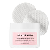 BeautyBio Swipe and Glow Peel Pads packaging highlighting multitask formula for clearer skin.