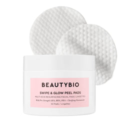 BeautyBio Swipe and Glow Peel Pads packaging highlighting multitask formula for clearer skin.