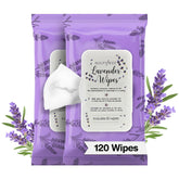BeautyFrizz Lavender Face Wipes packshot shows 120-count packaging for on-the-go cleansing.