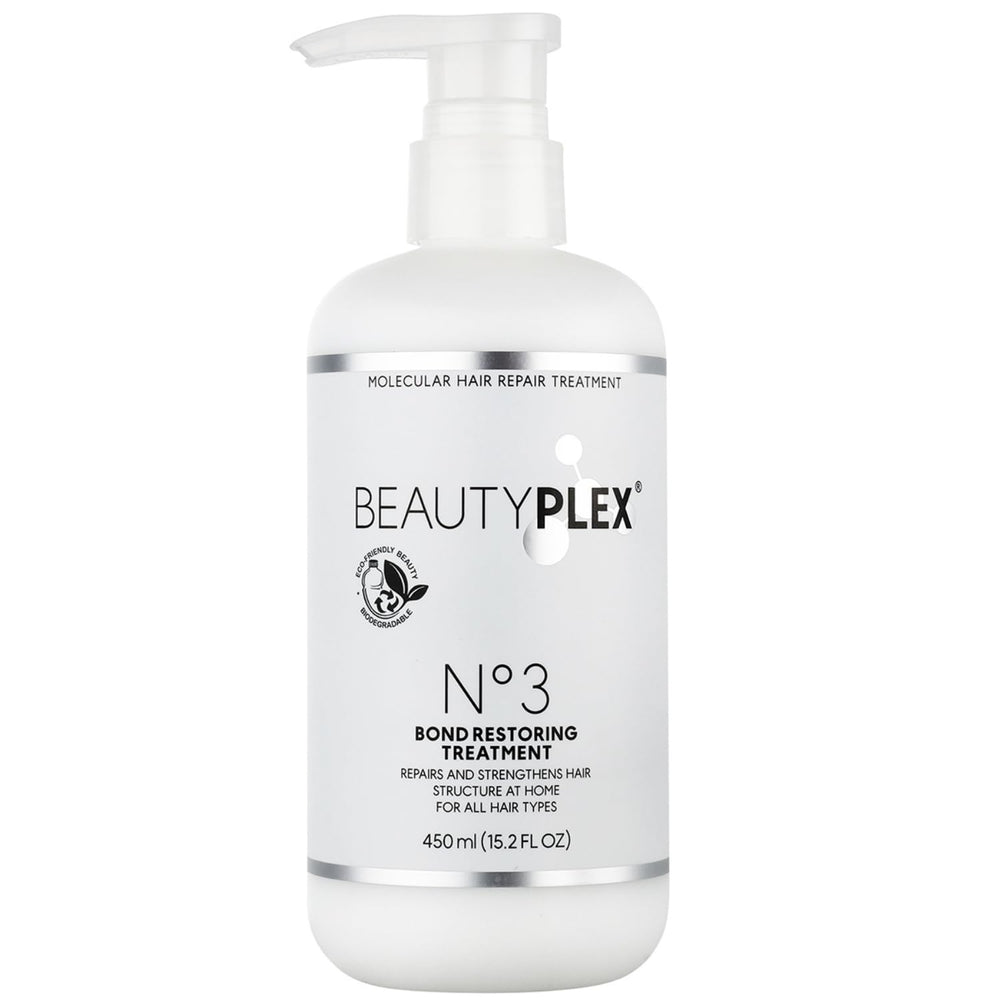 BeautyPlex No.3 Bond Repair bottle pour shows easy pre-shampoo application.