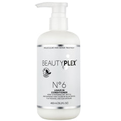 BeautyPlex No. 6 leave-in bottle pour demonstrates bond repair benefits for hair.