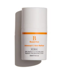 BeautyStat Universal C Skin Refiner bottle front shows premium Vitamin C serum for radiant, even-toned skin