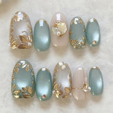 BEAWTH cat-eye nails in blue almond shape for daily, chic style.