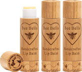 Bee Bella lip balm in pomegranate mango, front view showing hydrated lips