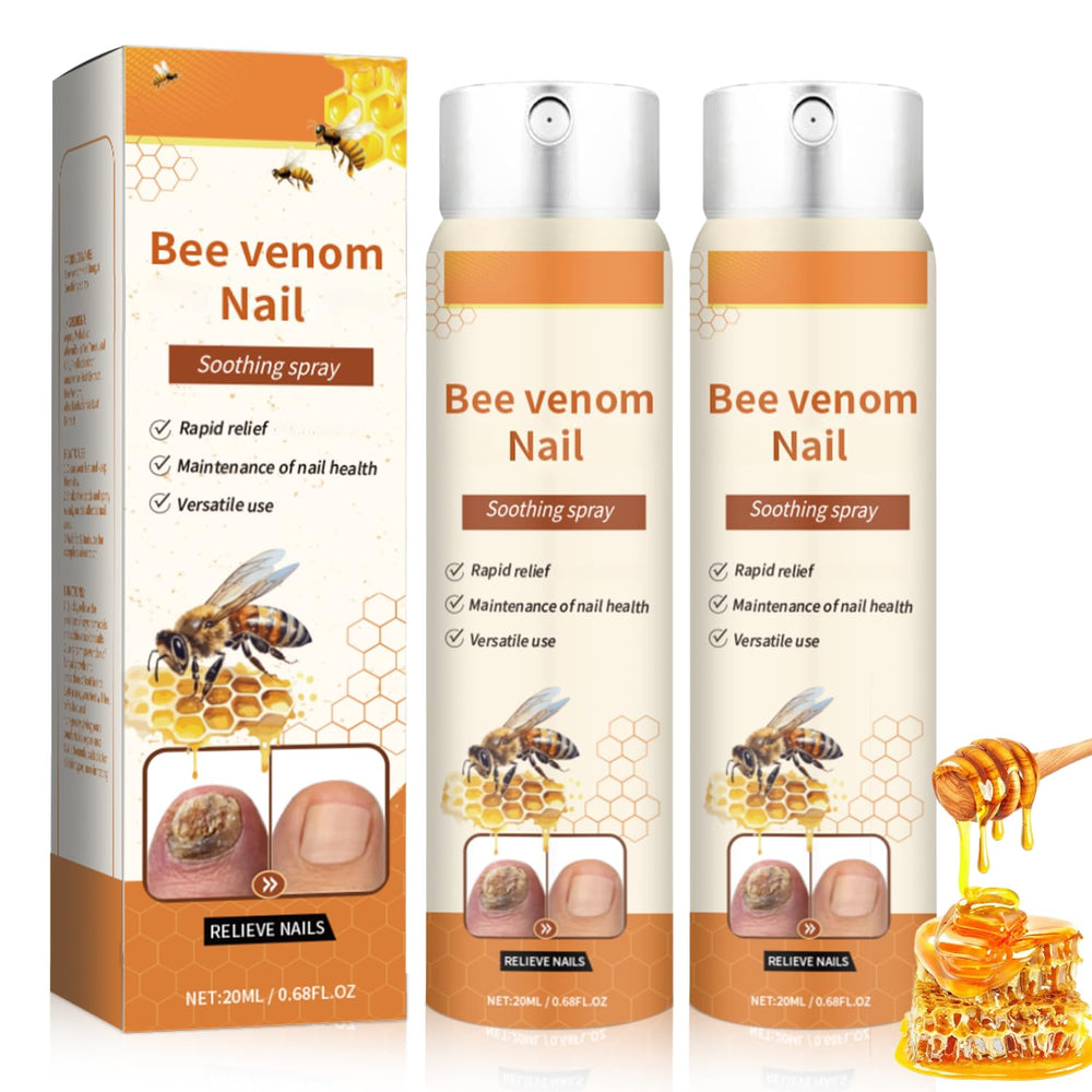Bee Venom Nail Spray bottle closeup; soothing formula nourishes nails