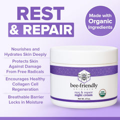 BeeFriendly Organic Night Cream ingredients label highlights natural components.