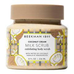 Beekman 1802 coconut cream exfoliating milk body scrub bottle promotes smoother skin.