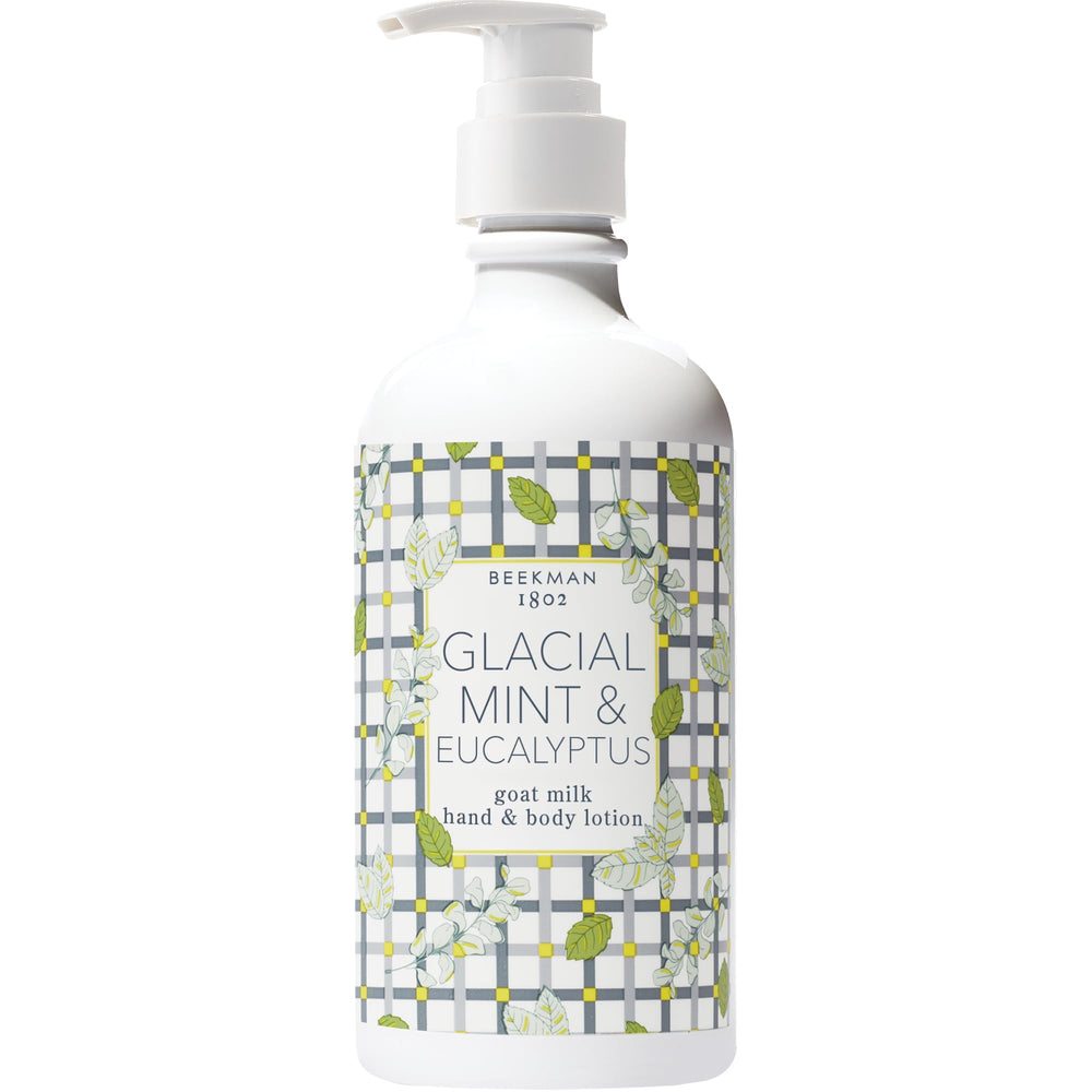 Beekman 1802 Glacial Mint Eucalyptus lotion bottle shows hydrating formula for sensitive skin