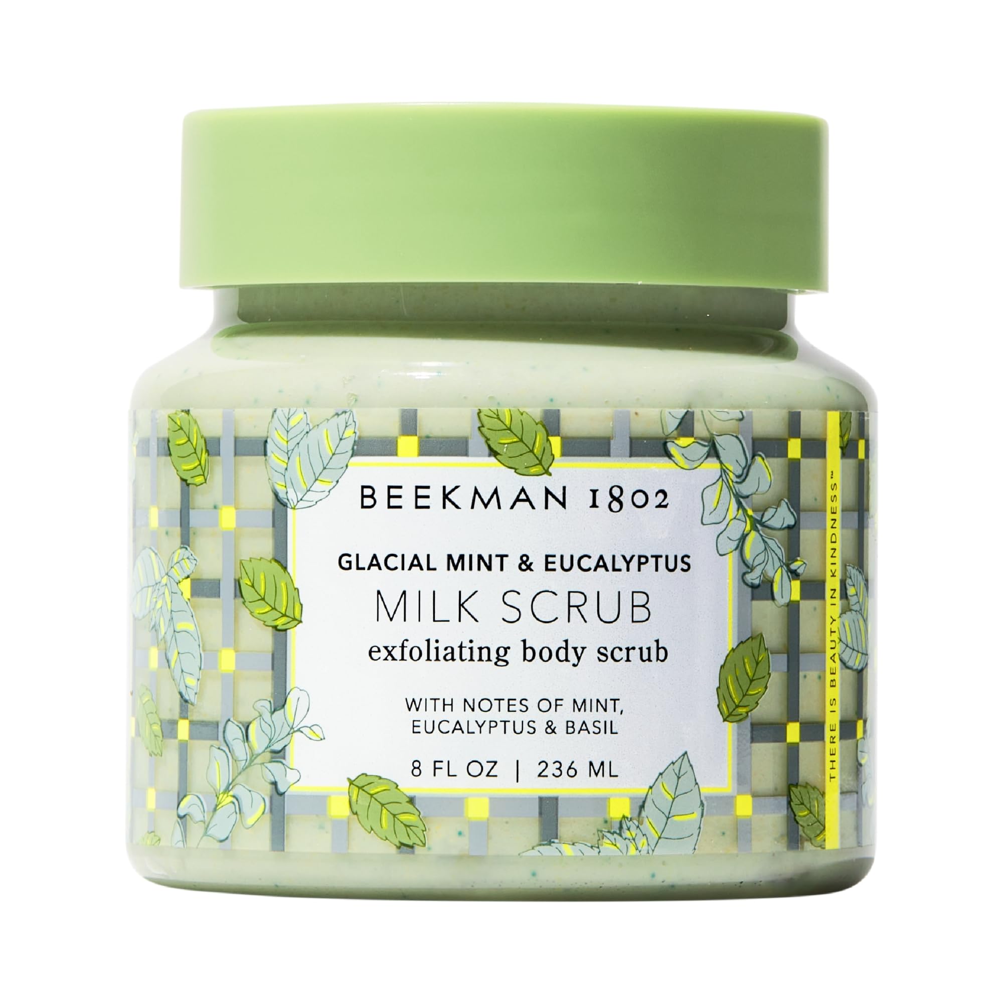 Beekman 1802 Glacial Mint & Eucalyptus scrub bottle shows creamy exfoliation with a refreshing scent