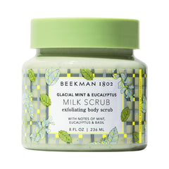 Beekman 1802 Glacial Mint & Eucalyptus scrub bottle shows creamy exfoliation with a refreshing scent